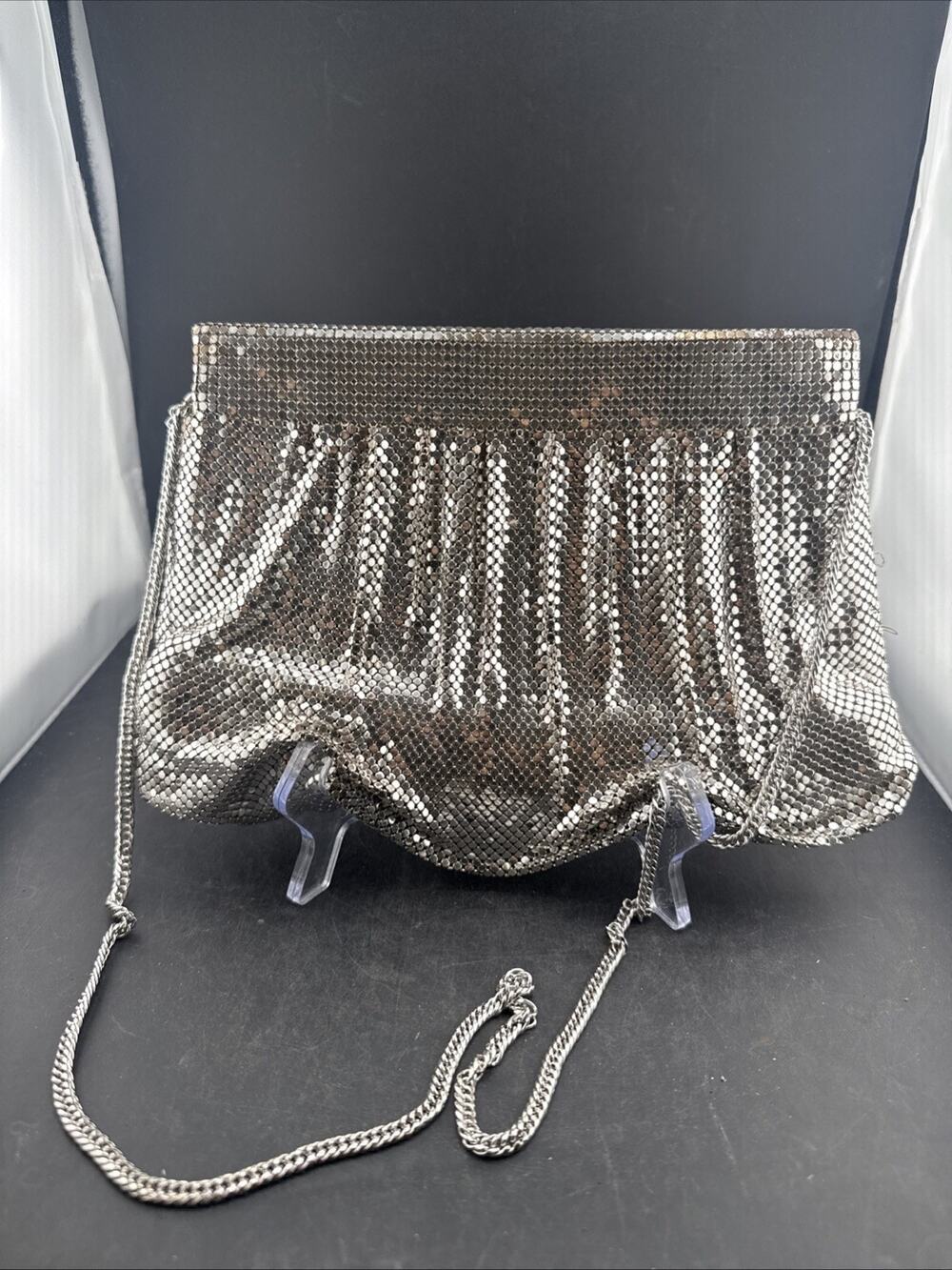Vintage Silver Metal Mesh Clutch Purse Chainmail Evening Bag Disco Flapper 50s